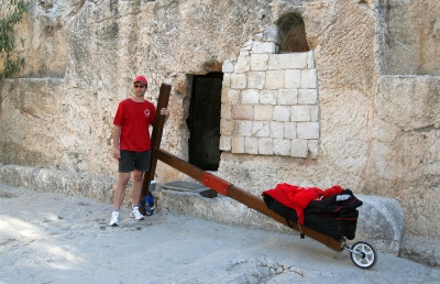 Counties evangelist Clive Cornish walks with his cross at the Garden Tomb in Jerusalem – the tomb of Jesus – during a project called From Jerusalem to Rome in the Footsteps of the Apostle Paul. Counties evangelist Clive Cornish walks with his cross at the Garden Tomb in Jerusalem - the tomb of Jesus - during a project called From Jerusalem to Rome in the Footsteps of the Apostle Paul.
