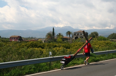 Counties evangelist Clive Cornish walks with his cross along the Sicilian coast – during a project called From Jerusalem to Rome in the Footsteps of the Apostle Paul. Counties evangelist Clive Cornish walks with his cross along the Sicilian coast - during a project called From Jerusalem to Rome in the Footsteps of the Apostle Paul.