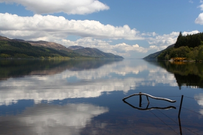 View down Loch Ness, Scotland. No sign of the Loch Ness monster but a tree branch and its reflection make the shape of the fish - a Christian symbol