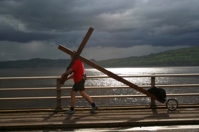 Counties evangelist Clive Cornish encounters stormy weather in Scotland while walking from John O'Groats to Land's End with his cross